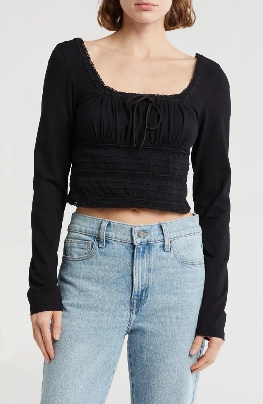 Free People Cropped Black Long Sleeve Scarlett Top Blouse M